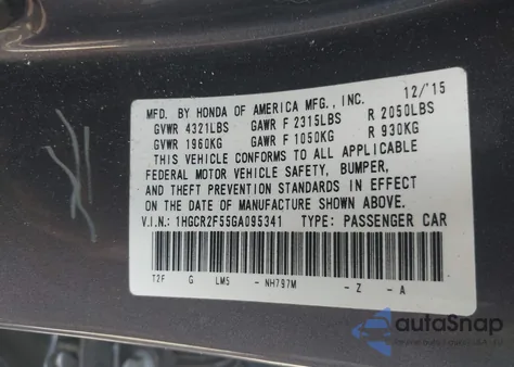 2016 Honda Accord Sport from USA, damaged, VIN 1HGCR2F55GA095341